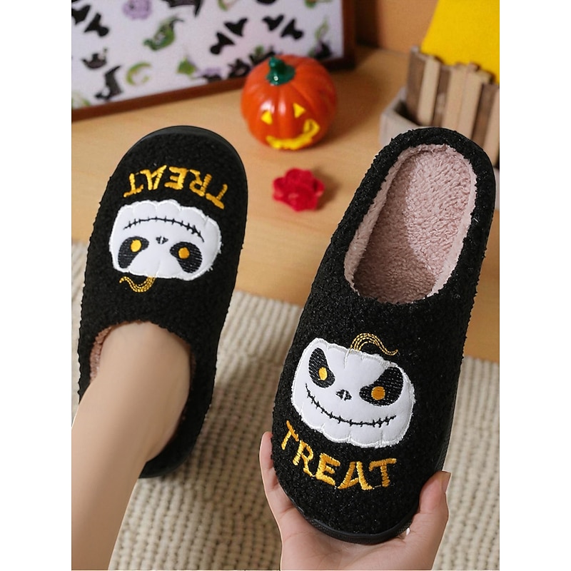 Women's Halloween Fuzzy Indoor Slippers with Pumpkin Face Embroidery – Cozy Non-Slip House Shoes for Fall and Holiday Lounging4