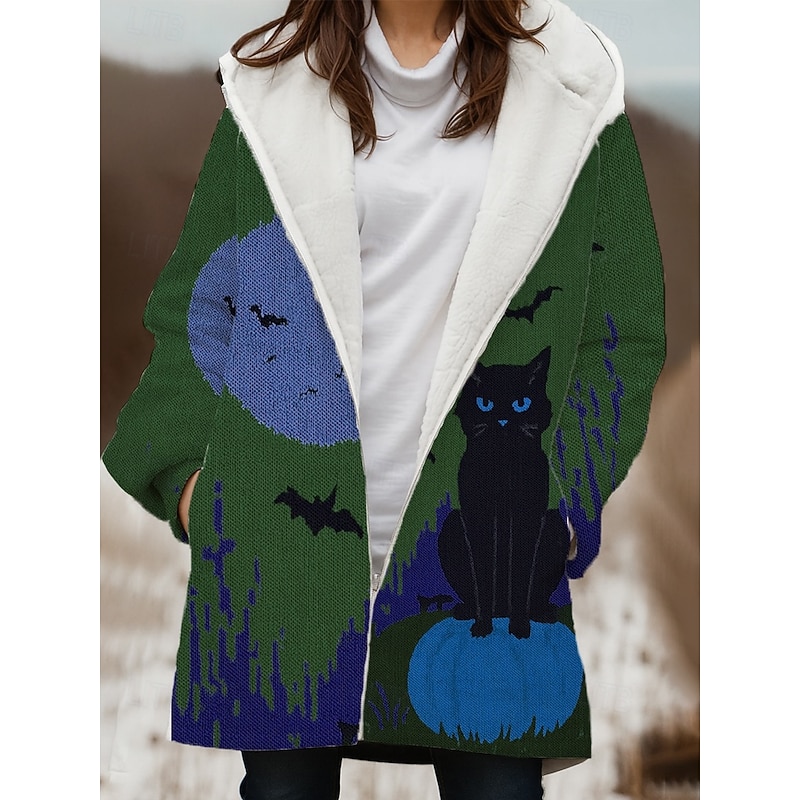 Women's Winter Coat Winter Jacket Windproof Warm Zipper Pocket Fleece Lined Casual Cat Outdoor Vacation Home Casual Long Hooded Regular Fit Long Sleeve Outerwear Red Blue Purple Winter2