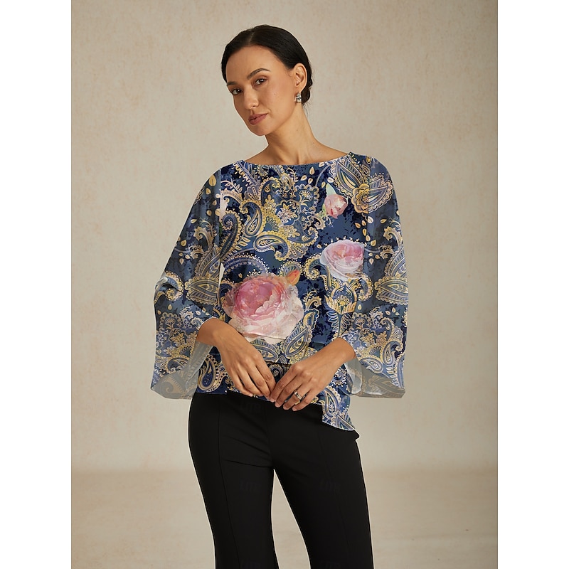 Women's Blouse Green Paisley Botanical Print Layered Chiffon Resort Casual Vacation Spring Summer Fall2