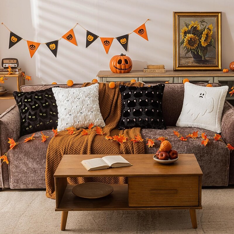 Halloween Black Cat Throw Pillow Covers 18x18 Inch  Spooky Ghost Faux Fur Cushion Covers for Fall Decor, Soft Decorative Farmhouse Pillowcases for Sofa Bench Living Room4