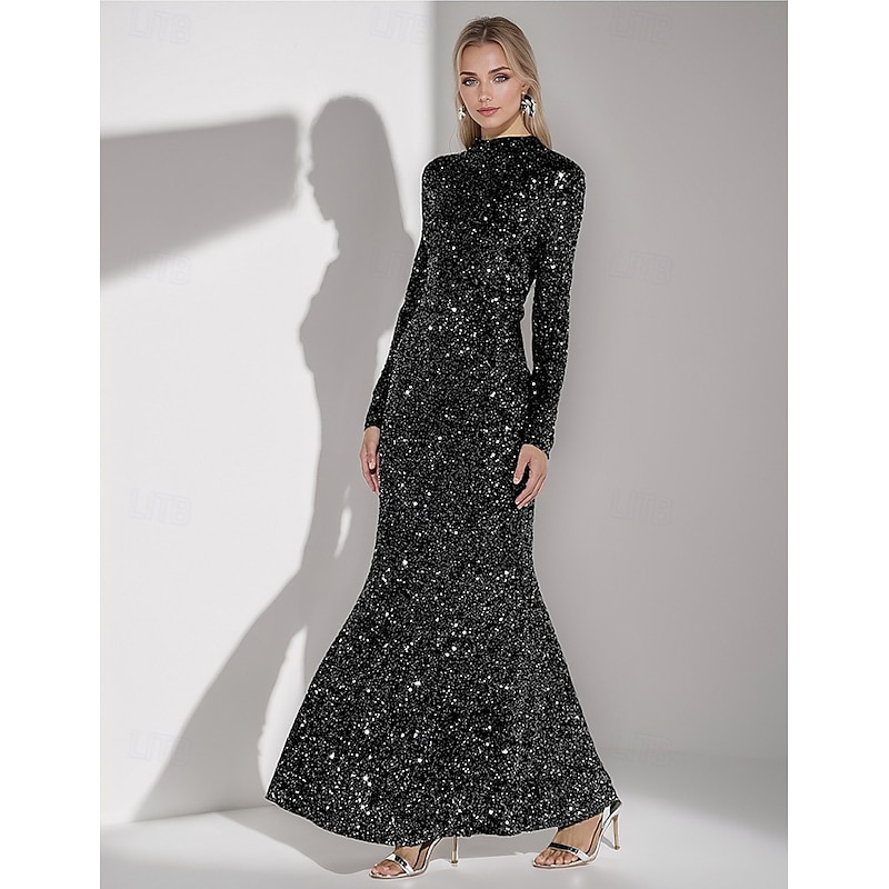 Black Tie Silver Black Mermaid / Trumpet Evening Gown Elegant Formal Dress Formal Wedding Floor Length Long Sleeve High Neck with Sequin 2025