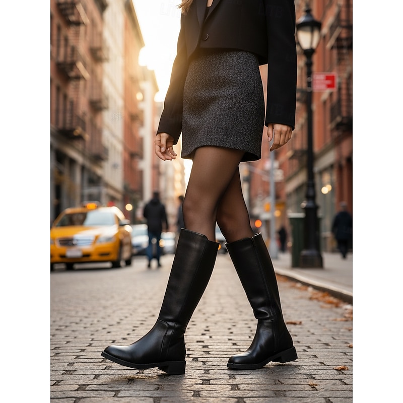 Women's Faux Leather Knee-High Boots with Side Zipper and Low Block Heels, Sleek Urban Fashion Footwear4