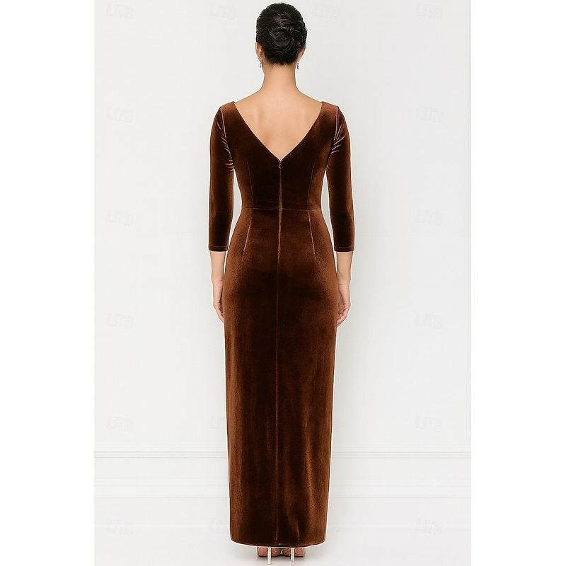 Sheath / Column Mother of the Bride Dress Elegant Vintage V Neck Floor Length Velvet Long Sleeve with Ruching Solid Color2