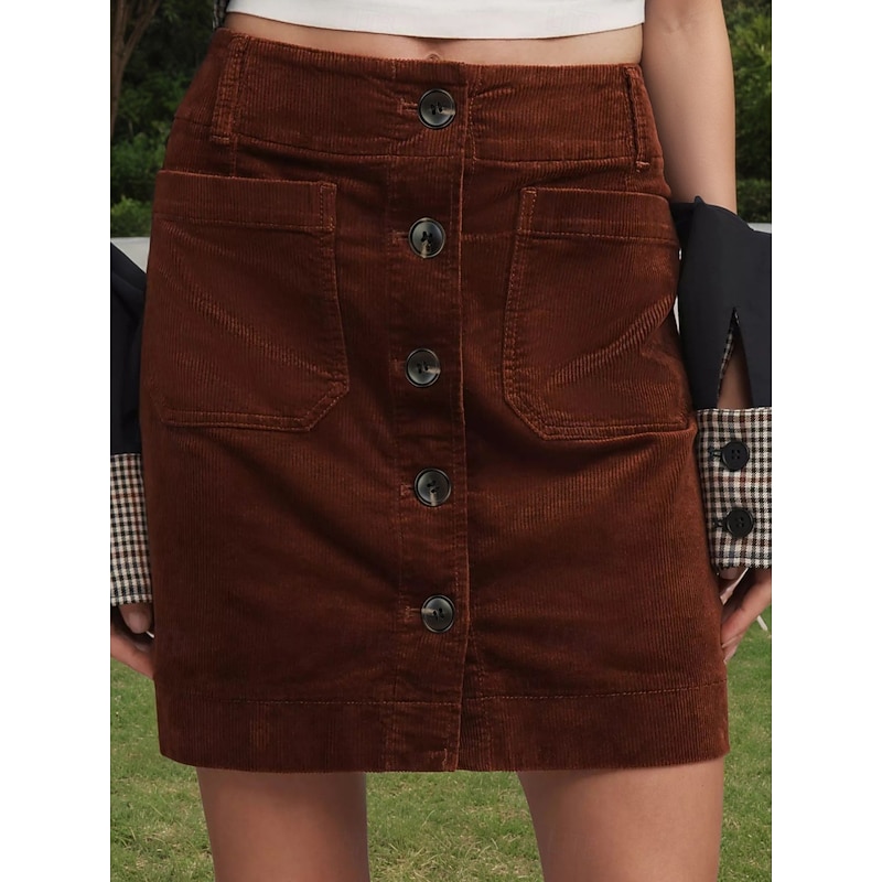 Women's Skirt A Line Fashion Casual Mini High Waist Skirts Plain Pocket Inelastic Street Daily Brown Spring Polyester Corduroy