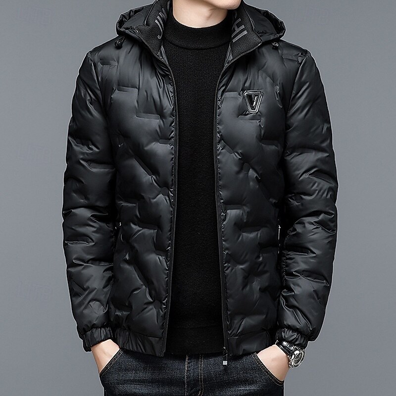 Men's Puffer Jacket Quilted Jacket Pocket Polyster Vacation Daily Wear Date Regular Fashion Casual Comfortable Thermal Warm Fall Winter Solid / Plain Color Black Dark Blue Light Sky Blue Puffer Jacket