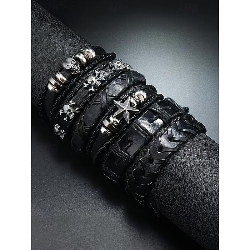 Men's Halloween Skull Leather Bracelet Set – Gothic Punk Multi-Layer Wrap Wristbands with Spikes and Charms for Party, Cosplay and Nightlife Fashion4