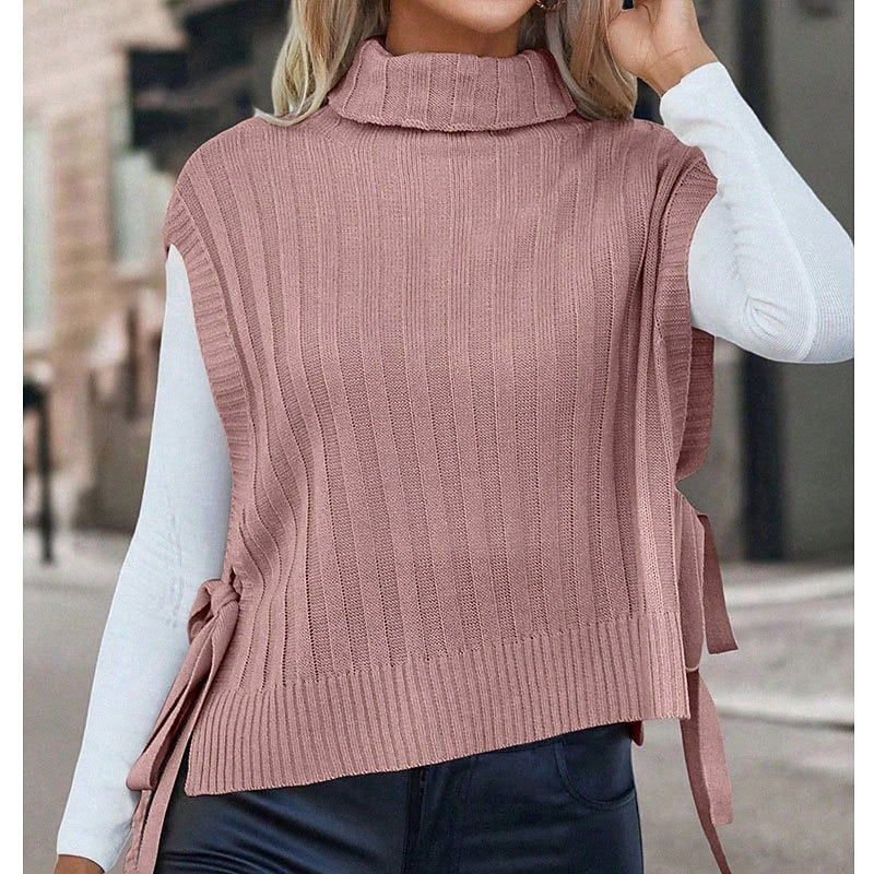 Women's Sweater Pullover Streetwear Casual Solid Color Turtleneck Knitted Sleeveless Regular Tops Knit Daily Holiday Going out Pink Apricot Fall Winter3