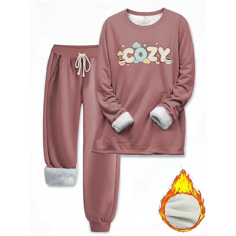 Women's Elegant Warm Fashion Two Piece Sets Tracksuit Pants Sets Long Sleeve Crew Neck Letter Print Outdoor Vacation Daily Black Pink Dark Pink Spring Regular Fit4