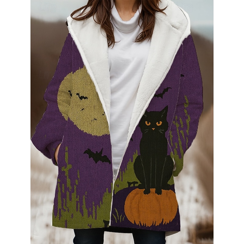 Women's Winter Coat Winter Jacket Windproof Warm Zipper Pocket Fleece Lined Casual Cat Outdoor Vacation Home Casual Long Hooded Regular Fit Long Sleeve Outerwear Red Blue Purple Winter