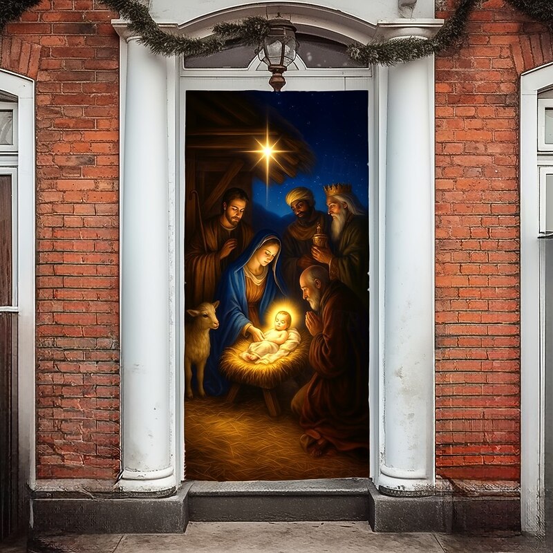 Christmas Door Cover, Holy Family Nativity Scene Door Curtain with Baby Jesus, Mary and Joseph, Religious 2025 Xmas Door Hanging for Holiday Party Home Decor3