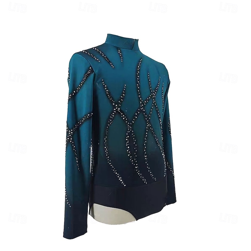Figure Skating Top Men's Boys' Ice Skating Tops Green+Black Patchwork Halo Dyeing Spandex High Elasticity Training Professional Competition Skating Wear Classic Crystal / Rhinestone Long Sleeve Ice2