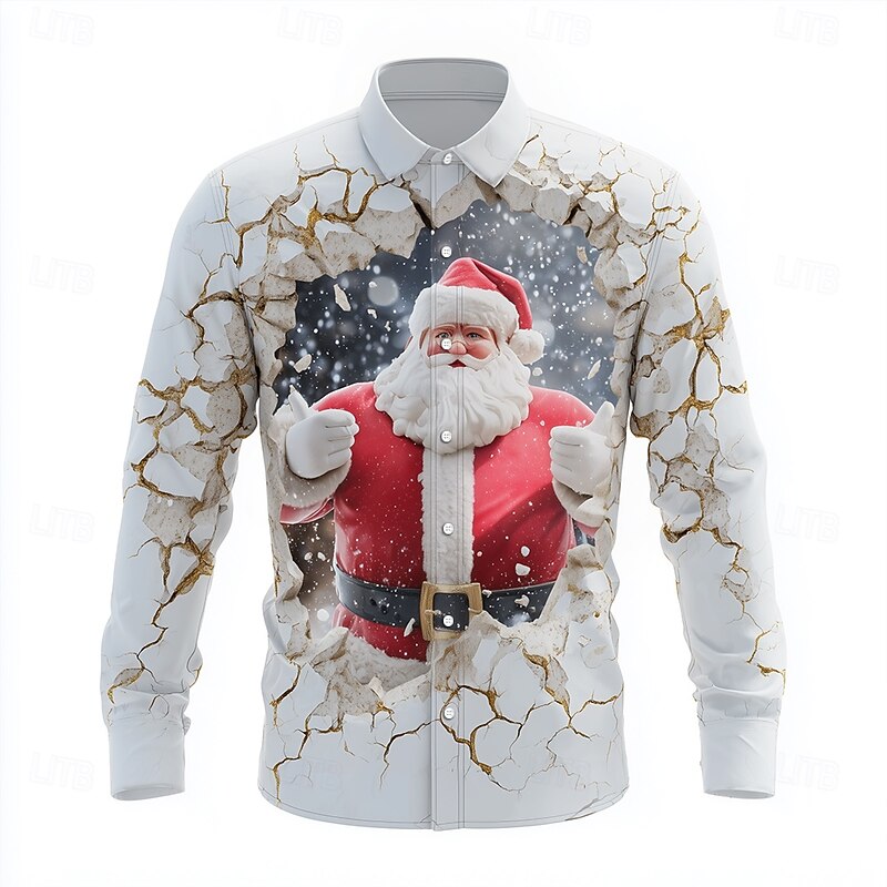 Christmas Men's Santa Claus Cracked Wall Shirt Button Up Shirt Long Sleeve Funny Outdoor Holiday Spring Fall Turndown 3D Print Collared Shirts White 1 White White 23