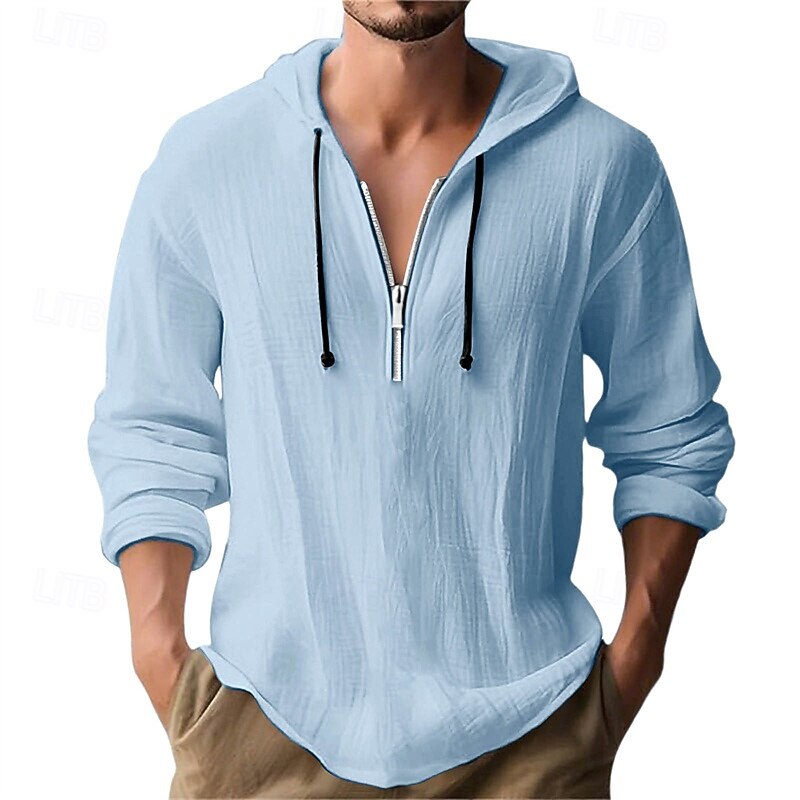 Men's Shirt Summer Shirt Casual Shirt Beach Shirt Black White Navy Blue Sky Blue Brown Long Sleeve Plain Hooded Vacation Hawaiian Half Zip Clothing Apparel Linen Fashion Casual Comfortable - Main Image