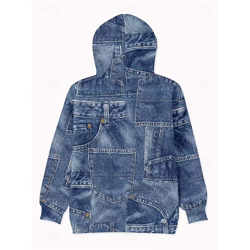 Women's Pullover Hoodie Sweatshirt Graphic Geometric Punk Active Vintage Long Sleeve Hooded Regular Tops Street Dailywear Print Front Pocket Denim Blue Red Spring Fall Winter4