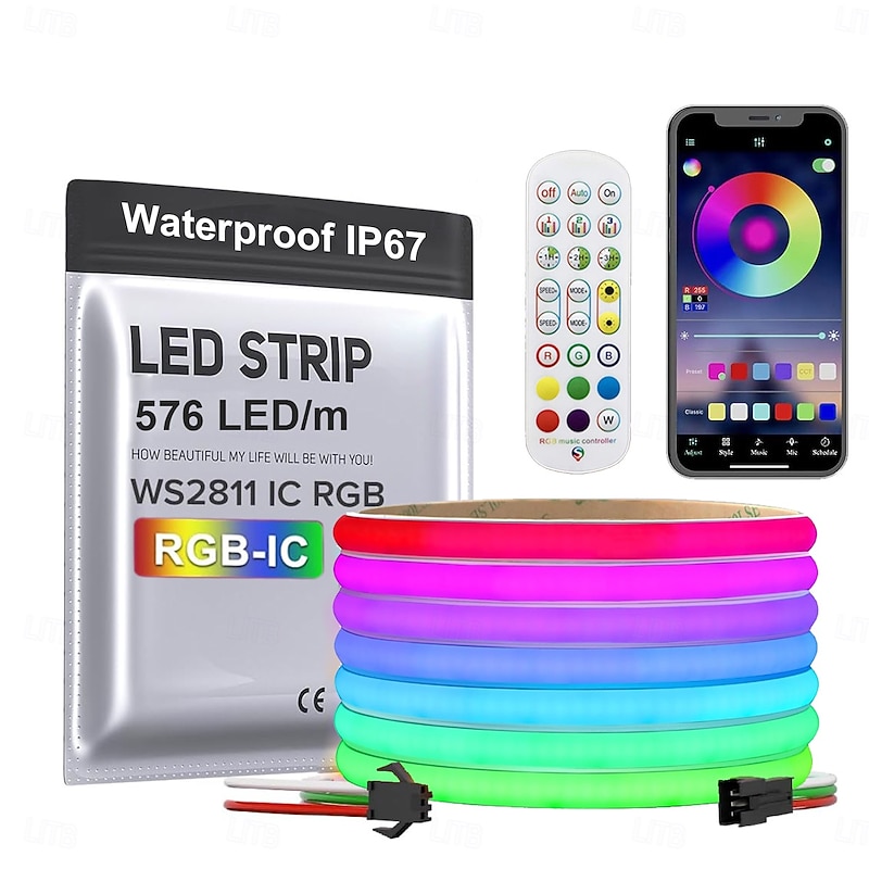 RGBIC Waterproof IP67 10M Flexible COB LED Strip Light  24V WS2811 Pixel Cuttable Outdoor 24-key RF Bluetooth Controller APP Intelligent Color Changing LED Strip Neon White Silicone with Adhesive Back2