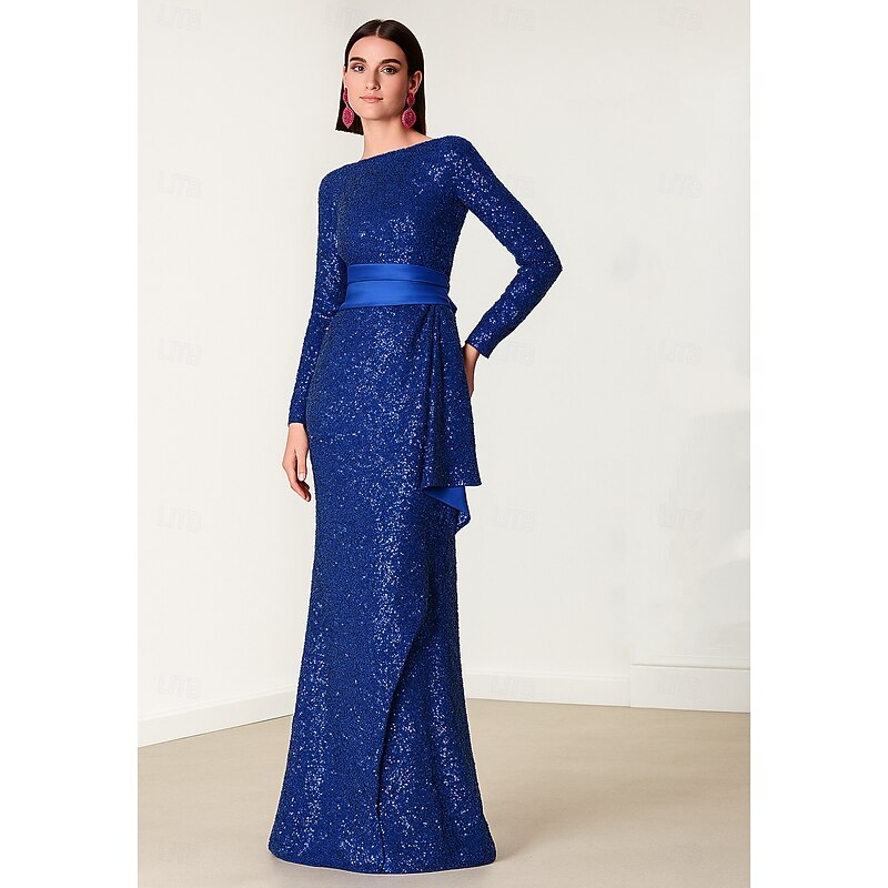 Blue Black Sheath / Column Evening Gown Elegant Formal Dress Formal Wedding Floor Length Long Sleeve Crew Neck Capes Sequined with Glitter Ruffles 20253
