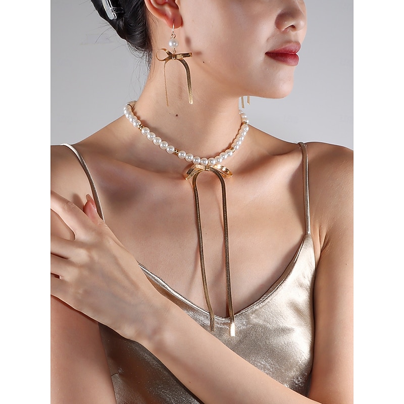 Women's Pearl Choker Necklace with Gold Bow Design - Elegant Party Jewelry for Evening, Cocktail and Special Occasions2