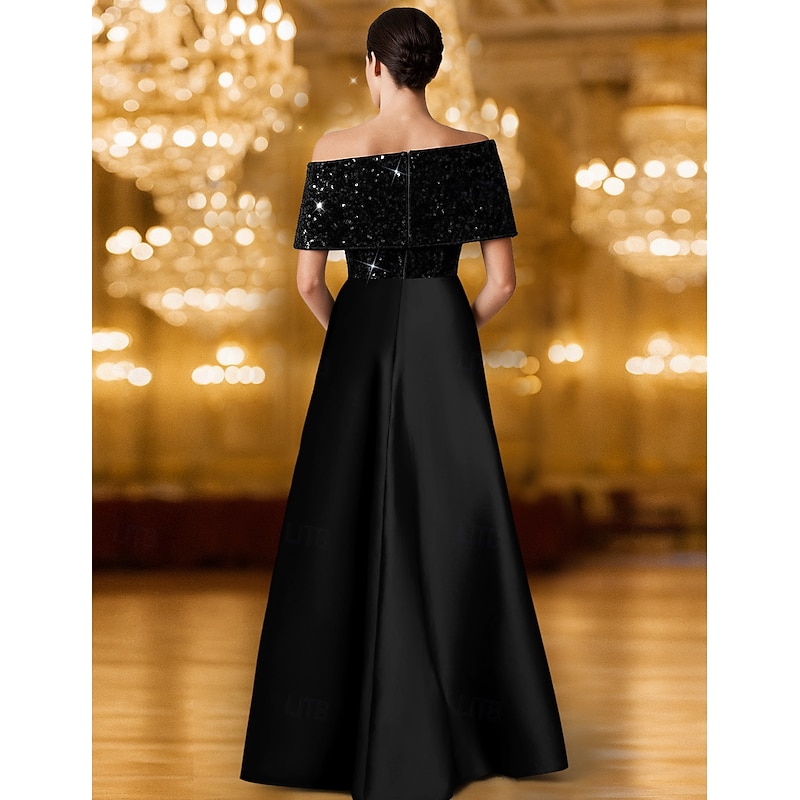 Red Black A-Line Evening Gown Elegant Dress Formal Wedding Floor Length Short Sleeve One Shoulder Satin with Glitter 20253