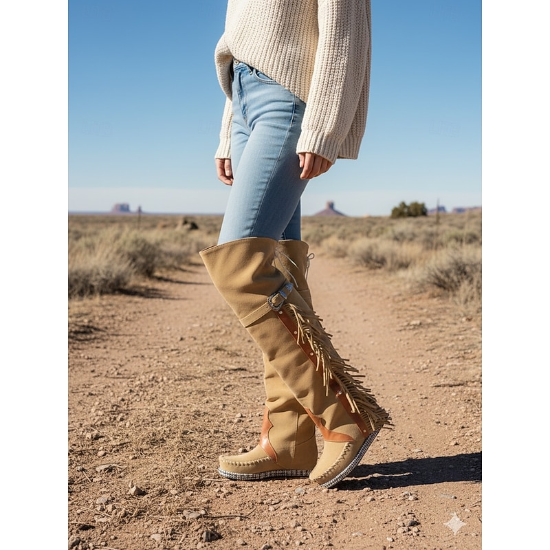 Women's Fringe Over The Knee Boots - Tan Suede Western Boho Style Boots for Autumn & Winter3