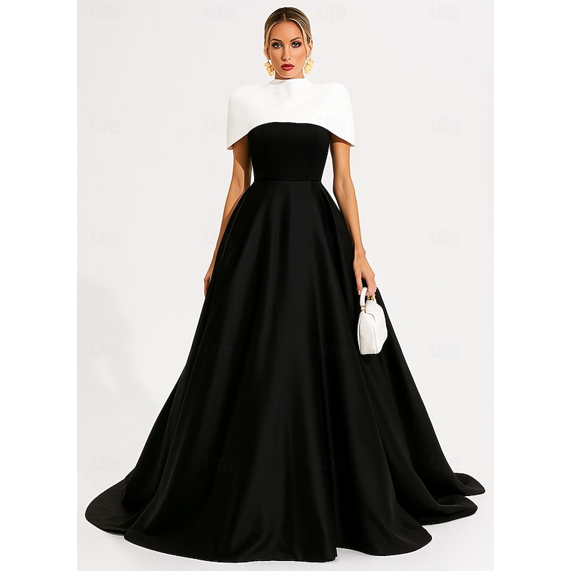 Black White Ball Gown A-Line Evening Gown Elegant Formal Dress Formal Wedding Floor Length Sleeveless High Neck Pink Dress Satin with Pocket Shawl 2025