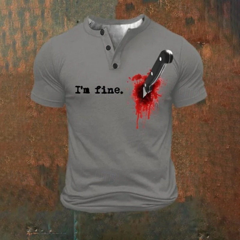 Men's Halloween Blood Splatter Funny Blood stains I'M FINE T Shirt Henley Shirt Short Sleeve Designer Retro Vintage Street Casual Daily Summer Spring Black White Gray Henley Henley T-Shirt3