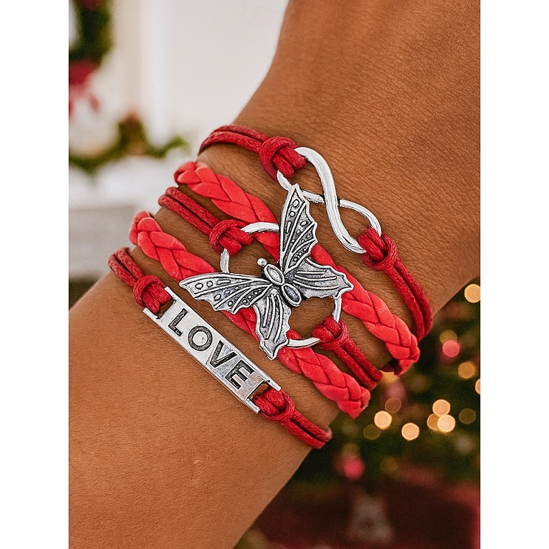 Women's Christmas Multi-Layer Bracelet with Butterfly and Love Charm, Adjustable Braided Wrap Jewelry in Multiple Colors for Holiday Party and Gift Giving