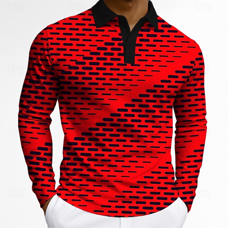 Men's Geometric Polo Long Sleeve Polo Shirts Lapel Business Casual Athleisure Daily Wear 3D Print Buttons Spring Fall Winter Violet Pink Yellow Red4