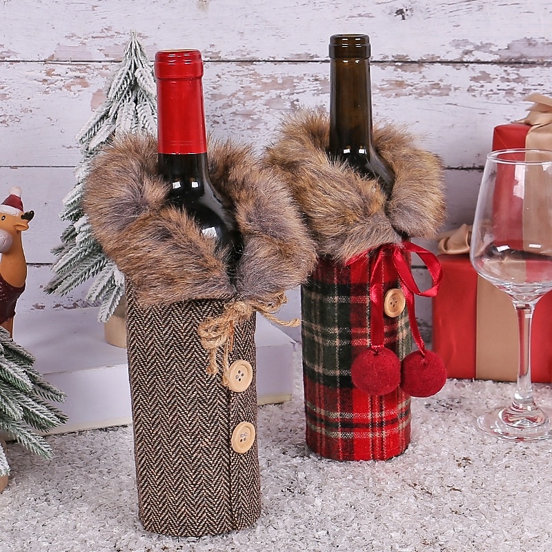 Christmas Wine Bottle Bag Plush Plaid Wine Bottle Cover Decorative Outfit Dress For Table Centerpiece Holiday Party Supplies Home Decoration Christmas Gift Wrapping Accessories2