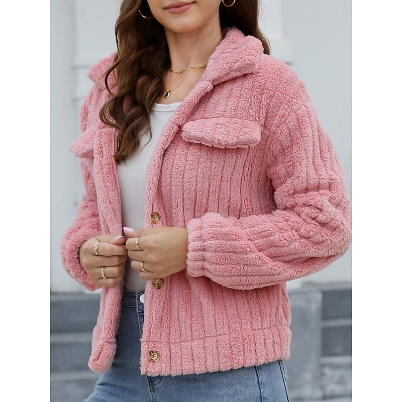 Women's Winter Coat Sherpa Jacket Comfortable Breathable Pocket Buttons Casual Plain Vacation Street Casual Daily Wear Single Breasted Short Turndown Regular Fit Long Sleeve Outerwear Pink Red Green3