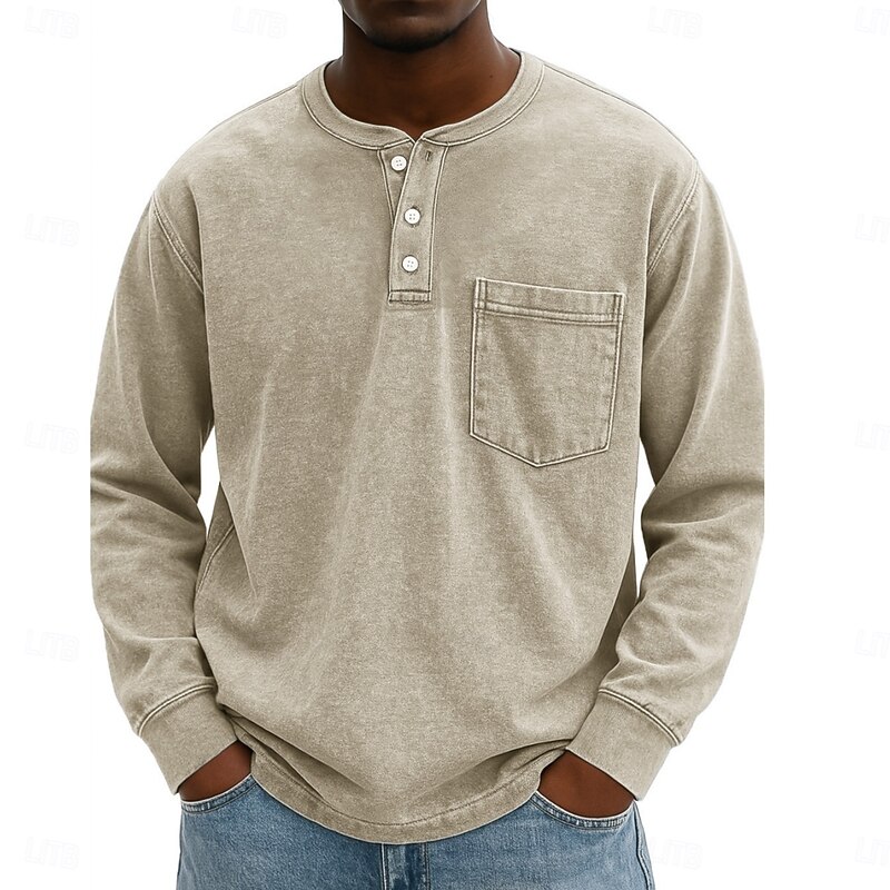 Men's Henley Shirt Vintage Shirt T shirt Tee Long Sleeve Vintage Solid Retro Vintage Casual Vintage Style Washed Henley Casual Spring Fall All Seasons Black Pink Gray Henley T-Shirt4