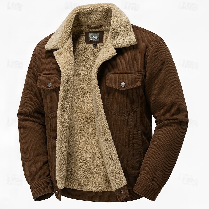 Men's Corduroy Jacket Fleece Jacket Formal Home Thermal Warm Pocket Plain Fall Winter Solid Color Active Neutral Shirt Collar Regular Black Khaki Dark Gray Coffee Jacket