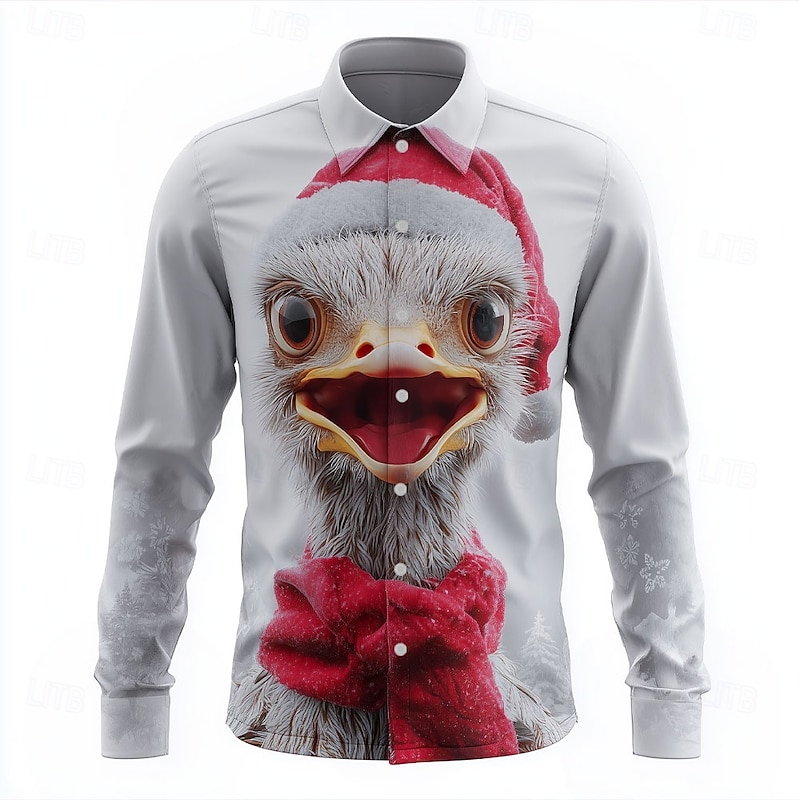 Christmas Men's Animal Dog Ostriches Shirt Button Up Shirt Long Sleeve Funny Outdoor Holiday Spring Fall Turndown 3D Print Collared Shirts Red 1 White Red Dark Green4