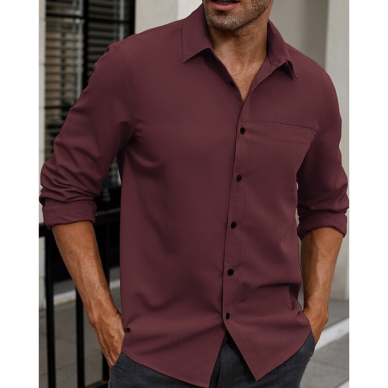 Men's Shirt Summer Shirt Casual Shirt Beach Shirt Button Up Shirt White Wine Army Green Long Sleeve Plain Lapel Vacation Hawaiian Clothing Apparel Polyester Fashion Casual Comfortable