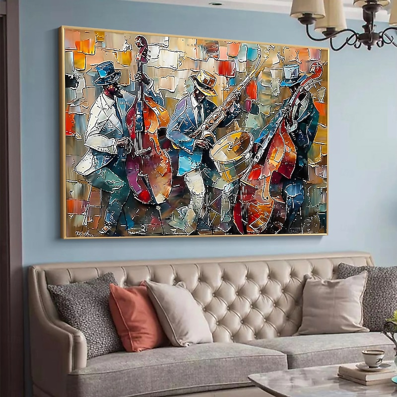 Large Abstract Jazz Band Oil Painting on Canvas Wall Art, Original Black Jazz Music Art Custom Painting Fashion Decor Living Room Home Decor4