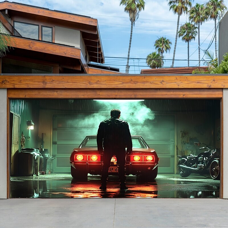 Halloween Garage Door Cover Large Outdoor Backdrop Featuring Car Man Back View Chemical Lab Body Parts Cemetery Scary Clown Yard Front Porch Wall Decorations