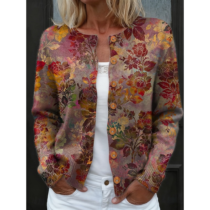 Women's Cardigan Daily Casual Floral Graphic Ribbed Crew Neck Floral Buttons Print Long Sleeve Regular Tops Knit Outdoor Weekend Brown Spring Fall