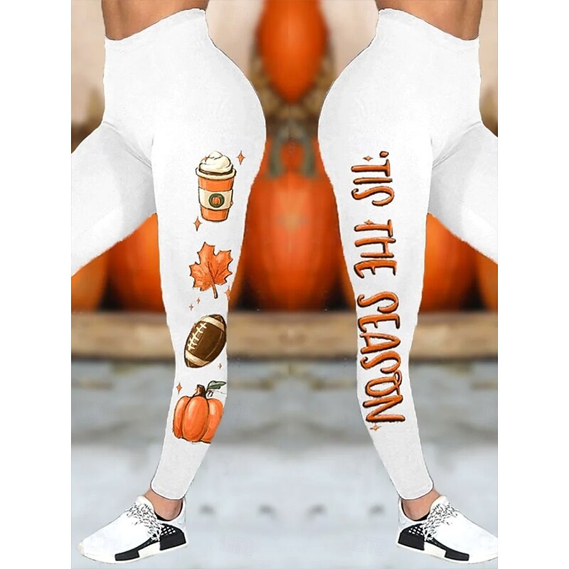 Women's Leggings Vacation Vintage Fashion Full Length High WaistPantsHalloween Graphic Pumpkin Letter Printing Soft Breathable High Elasticity Outdoor Vacation Street milk white Orange Spring Fall4