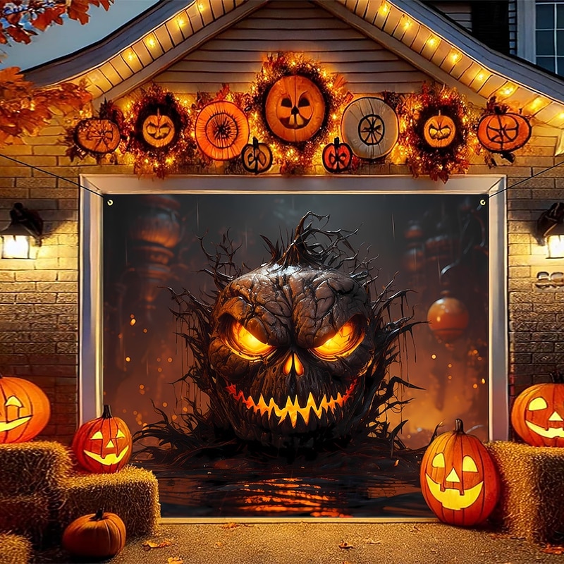Halloween Tapestry Garage Door Cover Large Hanging Backdrop Pumpkin 3D Dark Punk Gothic Style Party Outdoor Shooting Backgrounds Yard Haunted House Home Decor