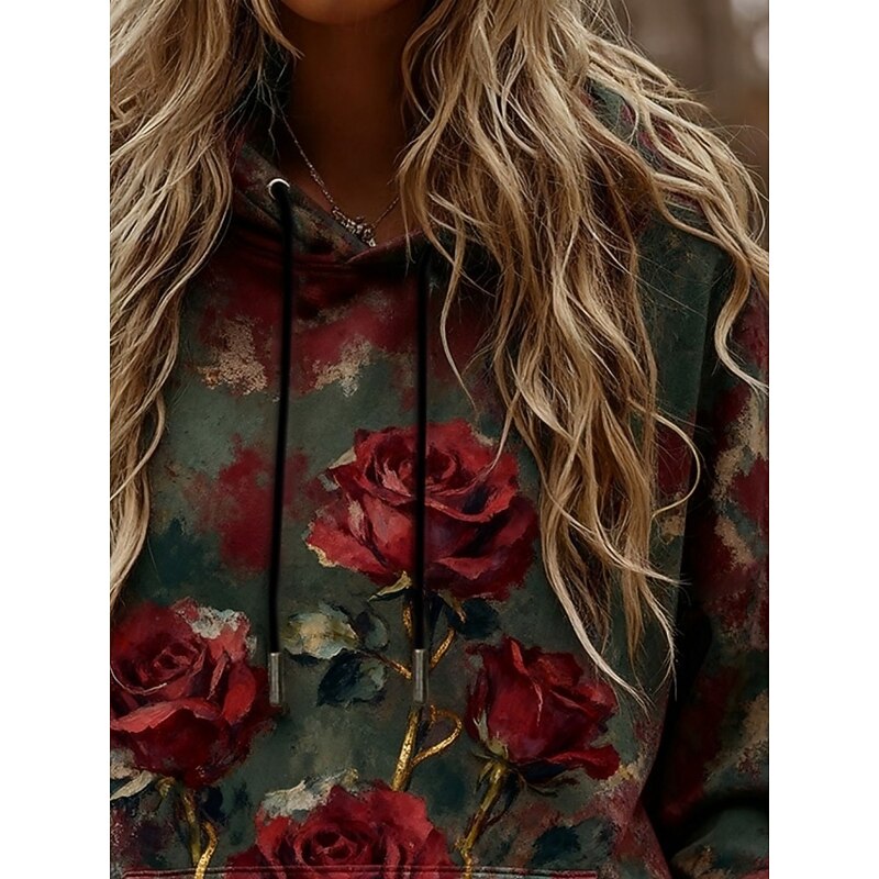 Women's Pullover Hoodies Rose Punk Vintage Streetwear Long Sleeve Hooded Regular Tops Dailywear Casual Sports Drawstring Pocket Print Green Spring Fall2