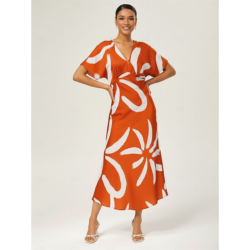 Women's Maxi Dress Satin Abstract Placement Print Dolman Sleeve V Neck Waist Tie Elegant Casual Vacation Spring Summer Fall2