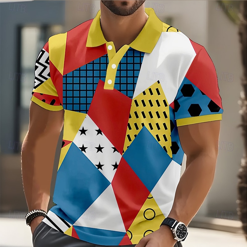 Men's Geometric Color Block Polo Short Sleeve Polo Shirts Collared Shirts Casual Street Athleisure Daily Wear Buttons Summer Pink Purple Green