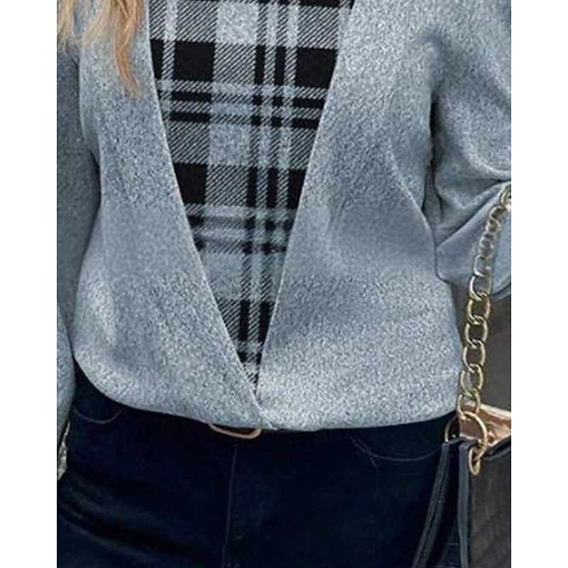 Women's Shirt Blouse Plaid Stylish Basic Casual Long Sleeve Square Neck Regular Tops Daily Holiday Print Blue Spring Fall Winter3