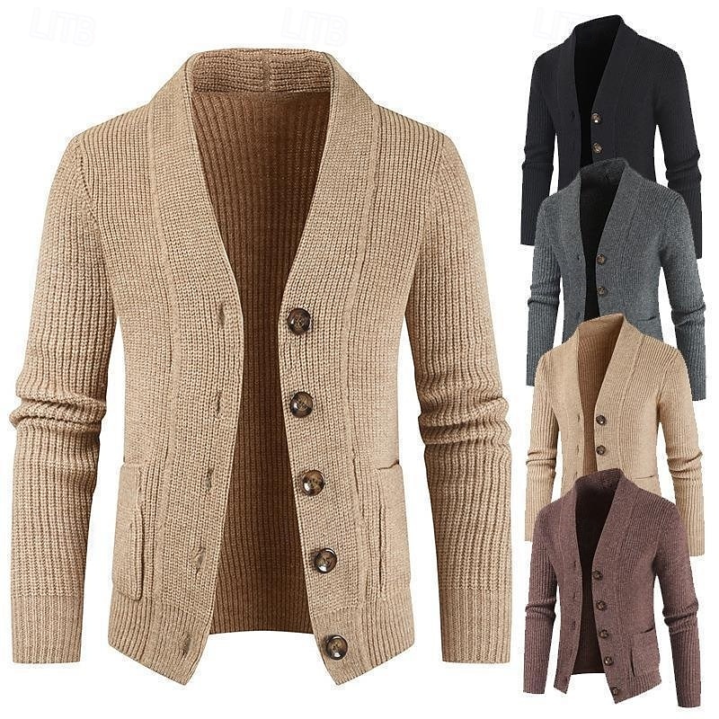Men's Sweater Cardigan Sweater Ribbed Knit Regular Tops Knitted Plain Collarless Vacation Fashion Casual Daily Wear Clothing Apparel Winter Spring &  Fall Black khaki L XL 2XL