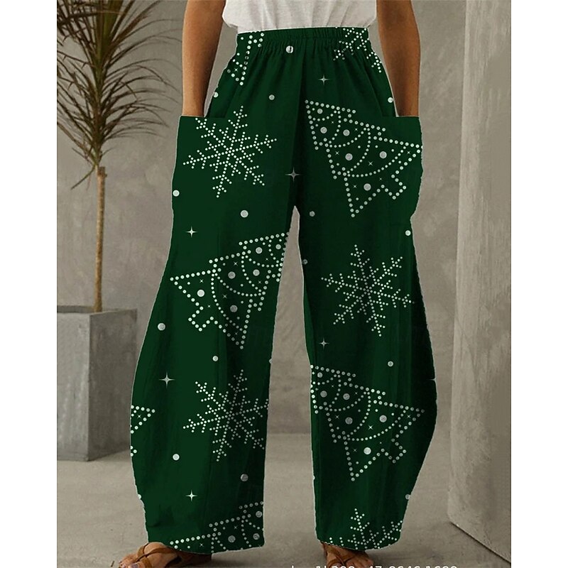 Women's Wide Leg Pants Trousers Vacation Ethnic Style Basic Full Length High WaistPantsChristmas Graphic Snowflake Pocket Elastic Waistband Print Comfy Breathability Inelastic Vacation Casual Daily
