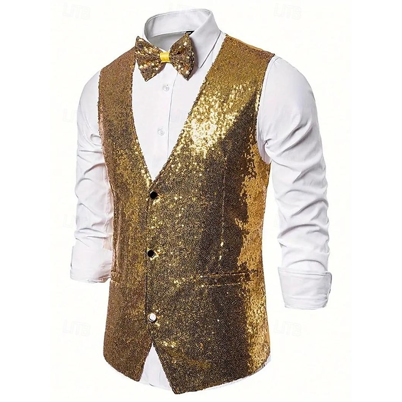 Men's Vest V Neck Party Solid Colored Black Silver Gold Tailored Fit4