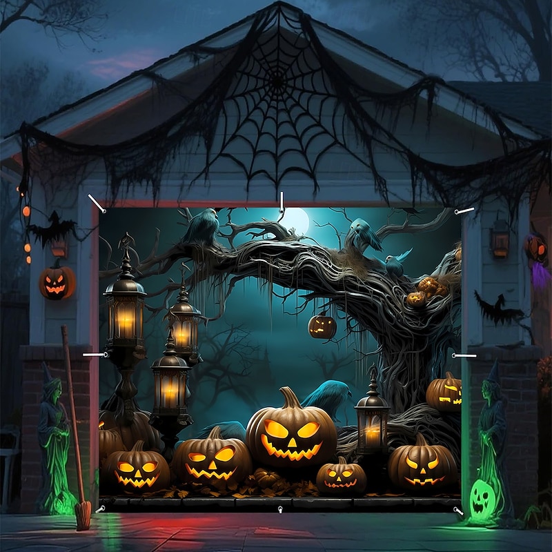 Halloween Tapestry Garage Door Cover Large Hanging Backdrop Pumpkin Tree Dark Punk Gothic Style Party Outdoor Shooting Backgrounds Yard Haunted House Home Decor4