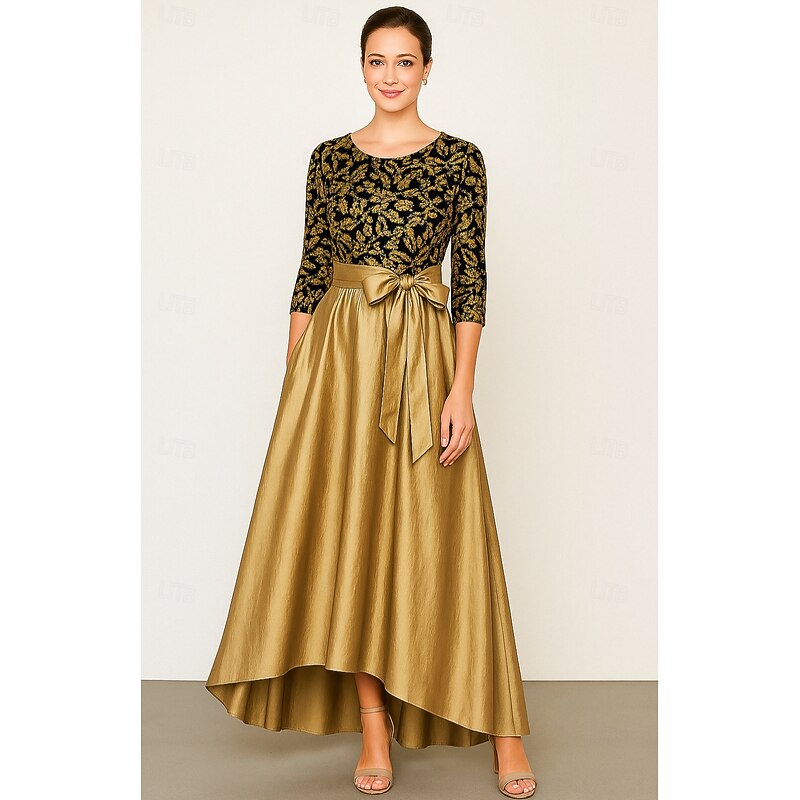 Gold Black Sequined A-Line Evening Gown Elegant Formal Dress Formal Wedding Asymmetrical Short Sleeve Crew Neck Pocket Satin with Floral Print 2025