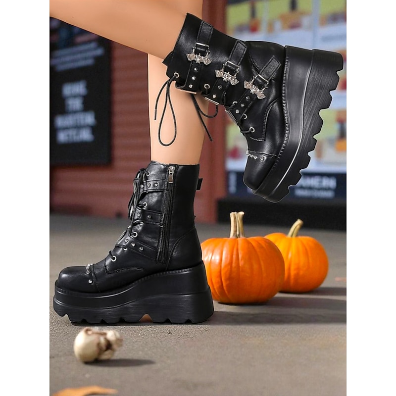 Women's Black Gothic Platform Buckle Boots – Halloween Studded Punk Combat Shoes for Cosplay & Streetwear3