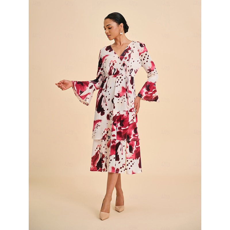 Women Female Casual Dress Burgundy Long Sleeve Short Sleeves Summer Spring All Seasons V Neck Elegant XS S M