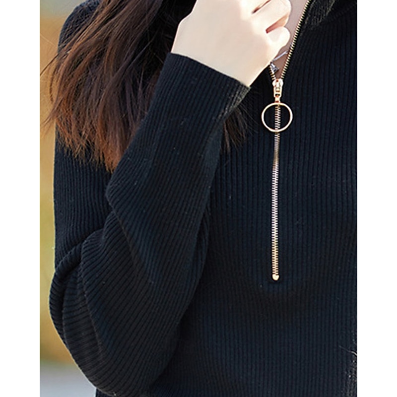 Women's Sweater Fashion Casual Pure Color Ribbed Half Zip Knitted Long Sleeve Regular Tops Knit Outdoor Daily Weekend Black Fall Winter2